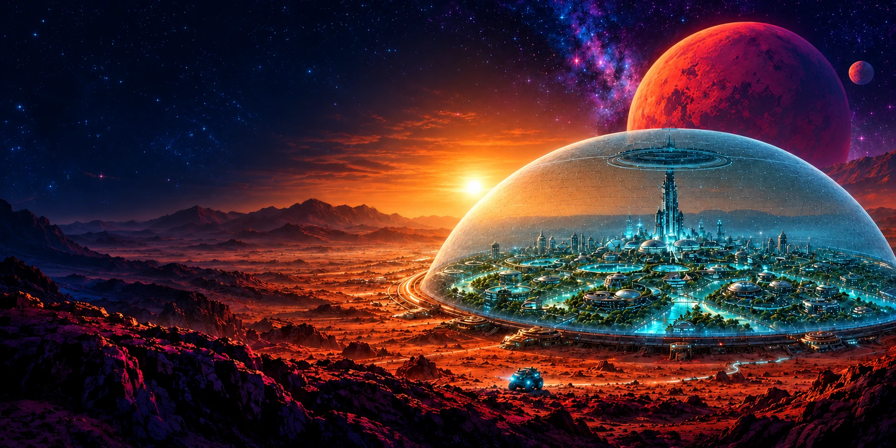 火星穹顶与城市的像素风概念插画;仅用于说明世界观内容方向。