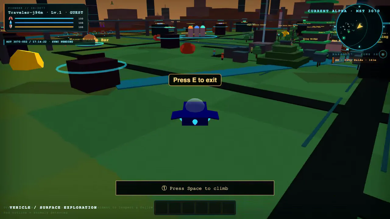A rover exploring the terrain beyond the city
