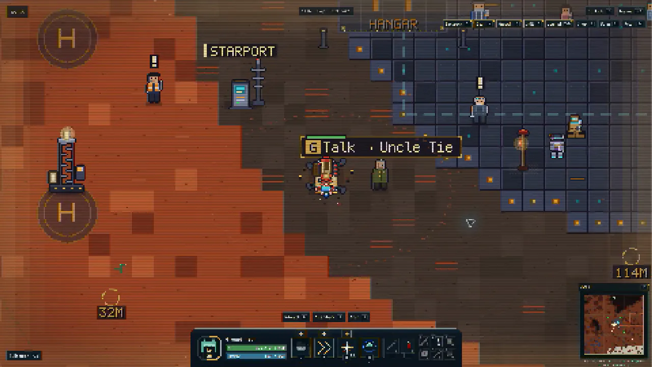 A player meeting residents at the starport settlement in the MARS3077 pixel game